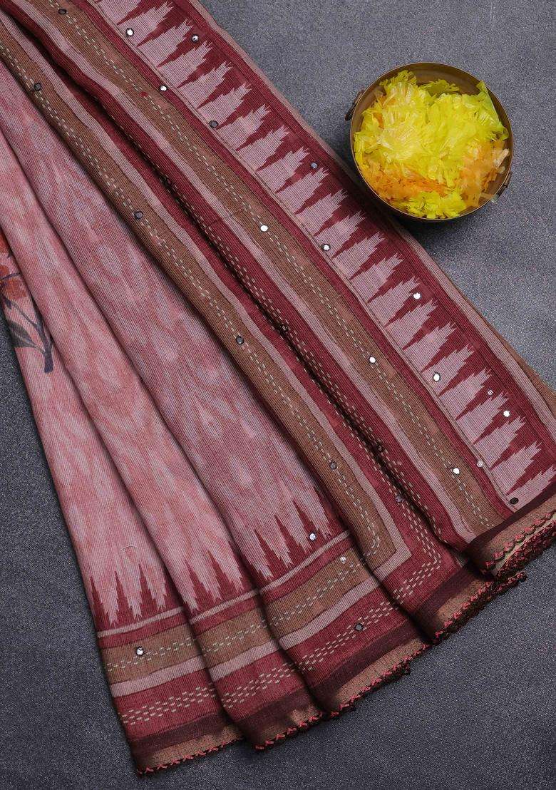 Kota Linen Saree Peach Shade And Maroon With Allover Ikat Prints And Prints Mirror Work Border With Printed Design For Women - Indya