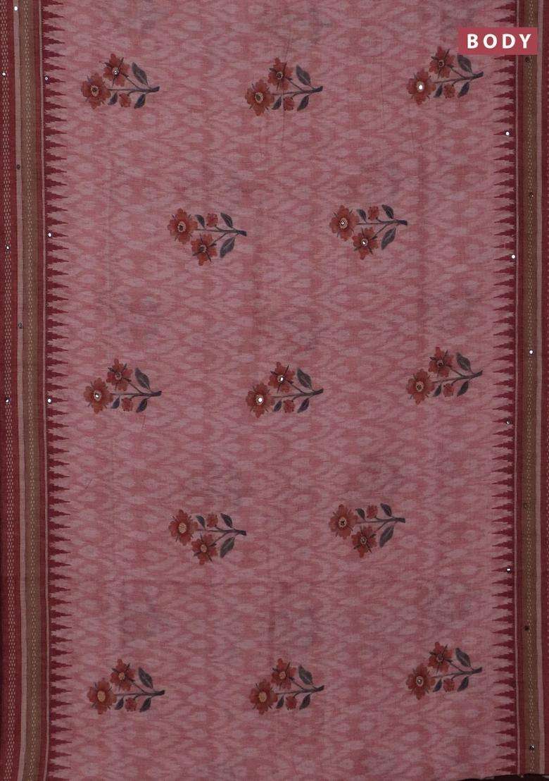 Kota Linen Saree Peach Shade And Maroon With Allover Ikat Prints And Prints Mirror Work Border With Printed Design For Women - Indya