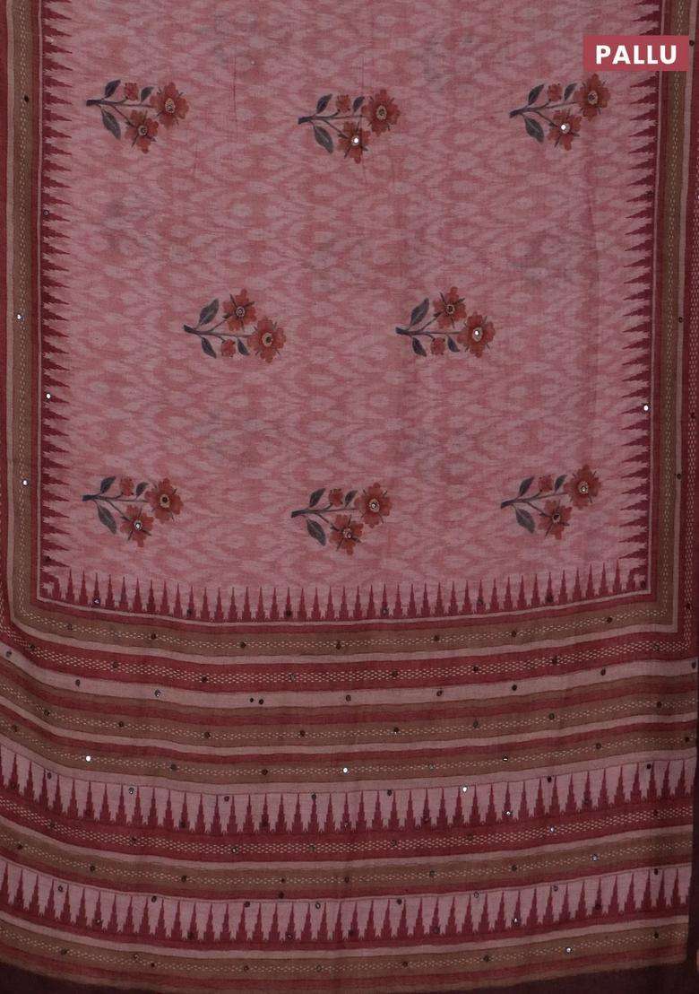 Kota Linen Saree Peach Shade And Maroon With Allover Ikat Prints And Prints Mirror Work Border With Printed Design For Women - Indya