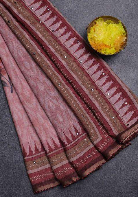 Kota Linen Saree Peach Shade And Maroon With Allover Ikat Prints And Prints Mirror Work Border With Printed Design For Women