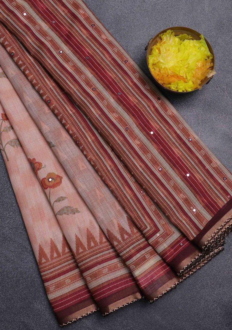 Kota Linen Saree Peach Shade And Coffee Brown With Allover Ikat Prints And Prints Mirror Work Border With Printed Design For Women - Indya