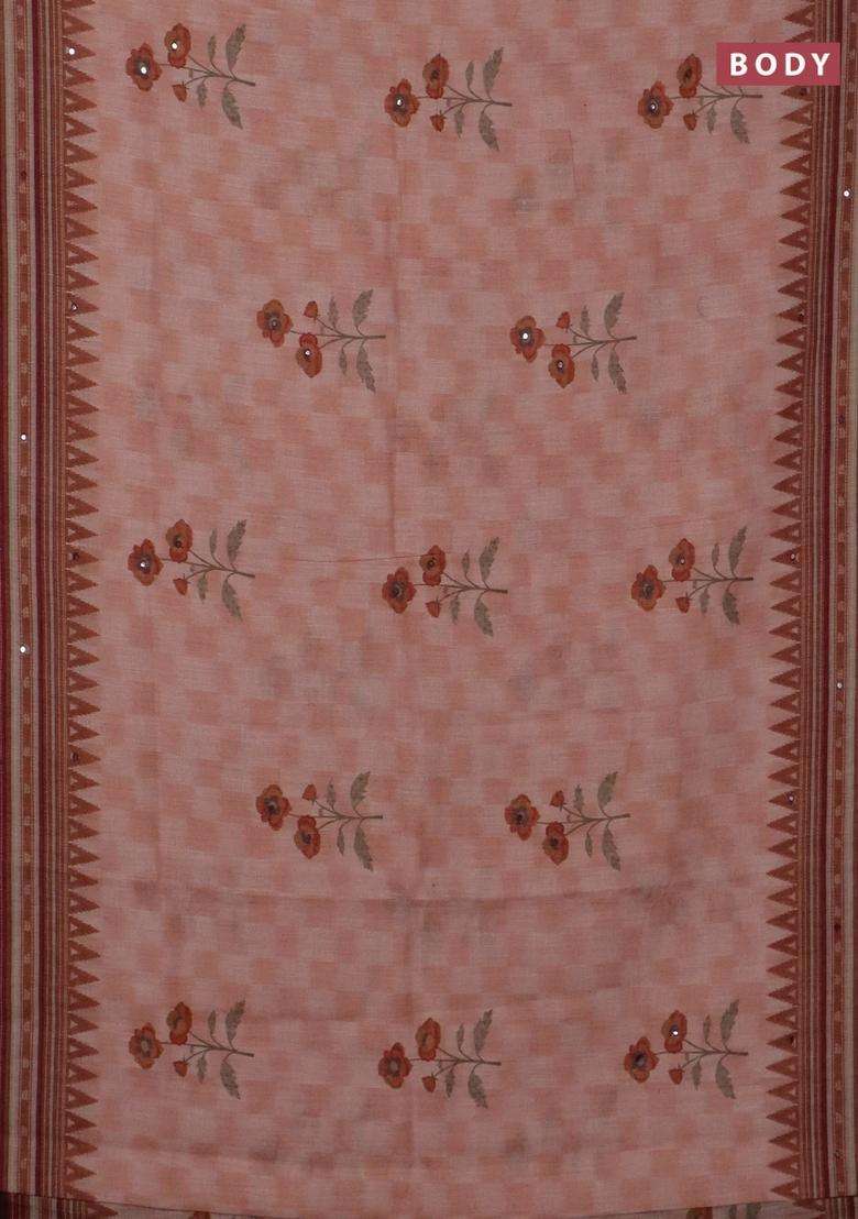 Kota Linen Saree Peach Shade And Coffee Brown With Allover Ikat Prints And Prints Mirror Work Border With Printed Design For Women - Indya