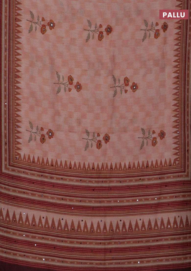 Kota Linen Saree Peach Shade And Coffee Brown With Allover Ikat Prints And Prints Mirror Work Border With Printed Design For Women - Indya