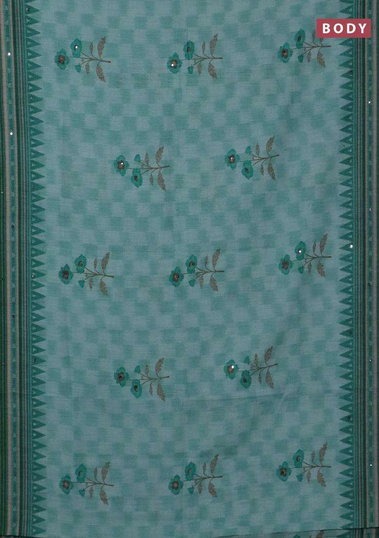 Kota Linen Saree Green Shade And Green With Allover Ikat Prints And Prints Mirror Work Border With Printed Design For Women - Indya