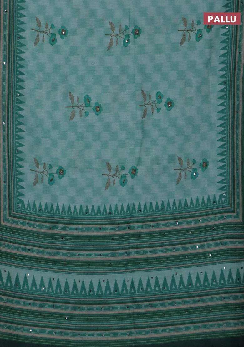 Kota Linen Saree Green Shade And Green With Allover Ikat Prints And Prints Mirror Work Border With Printed Design For Women - Indya
