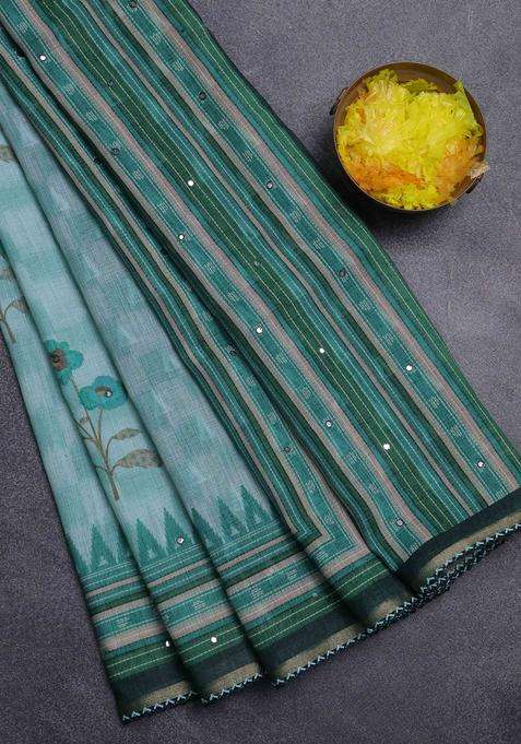 Kota Linen Saree Green Shade And Green With Allover Ikat Prints And Prints Mirror Work Border With Printed Design For Women