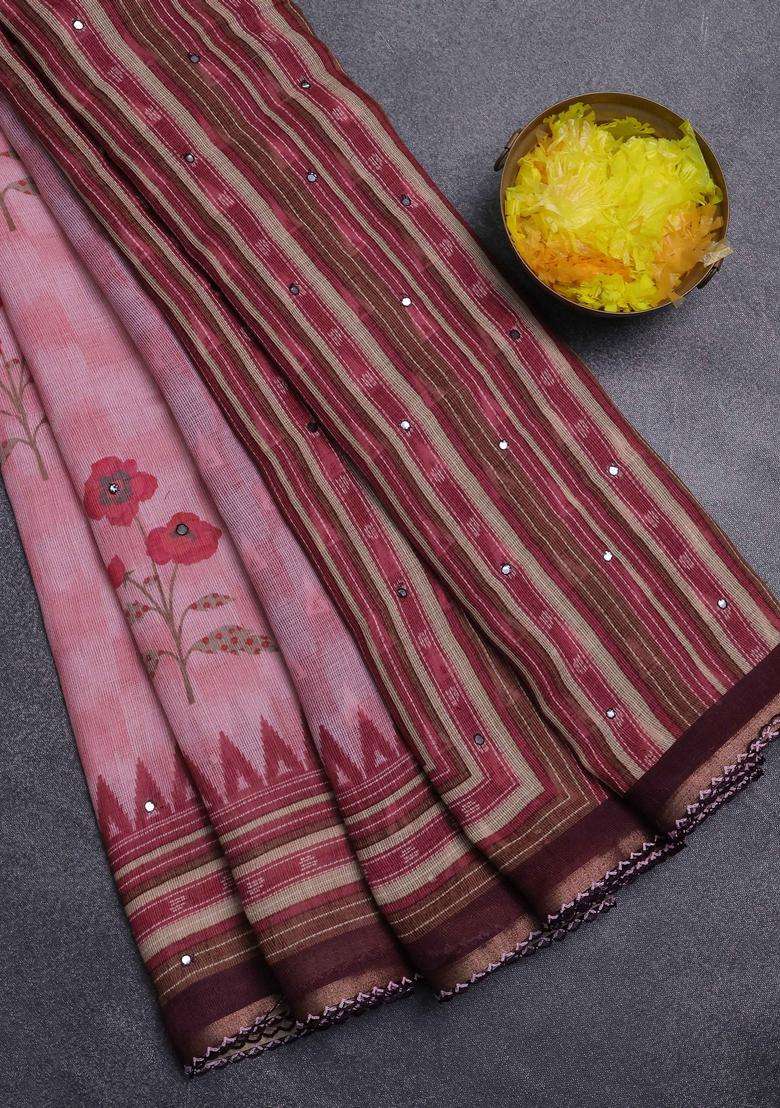 Kota Linen Saree Peach Pink And Deep Maroon With Allover Ikat Prints And Prints Mirror Work Border With Printed Design For Women - Indya