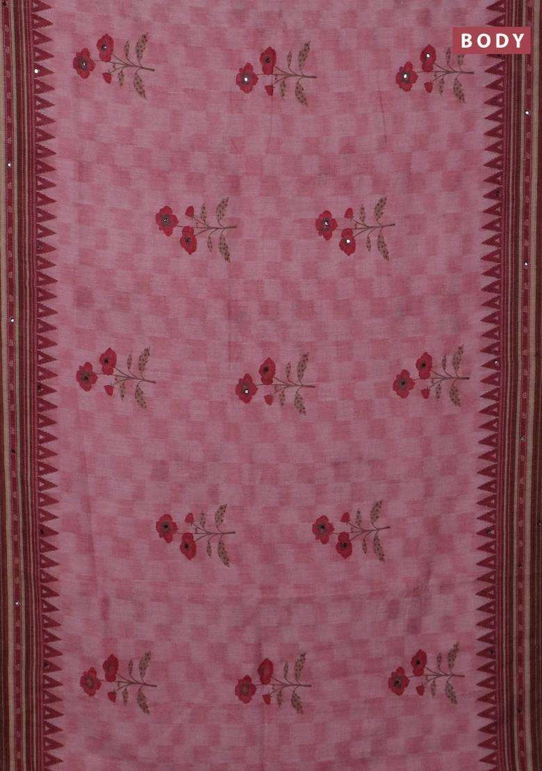 Kota Linen Saree Peach Pink And Deep Maroon With Allover Ikat Prints And Prints Mirror Work Border With Printed Design For Women - Indya