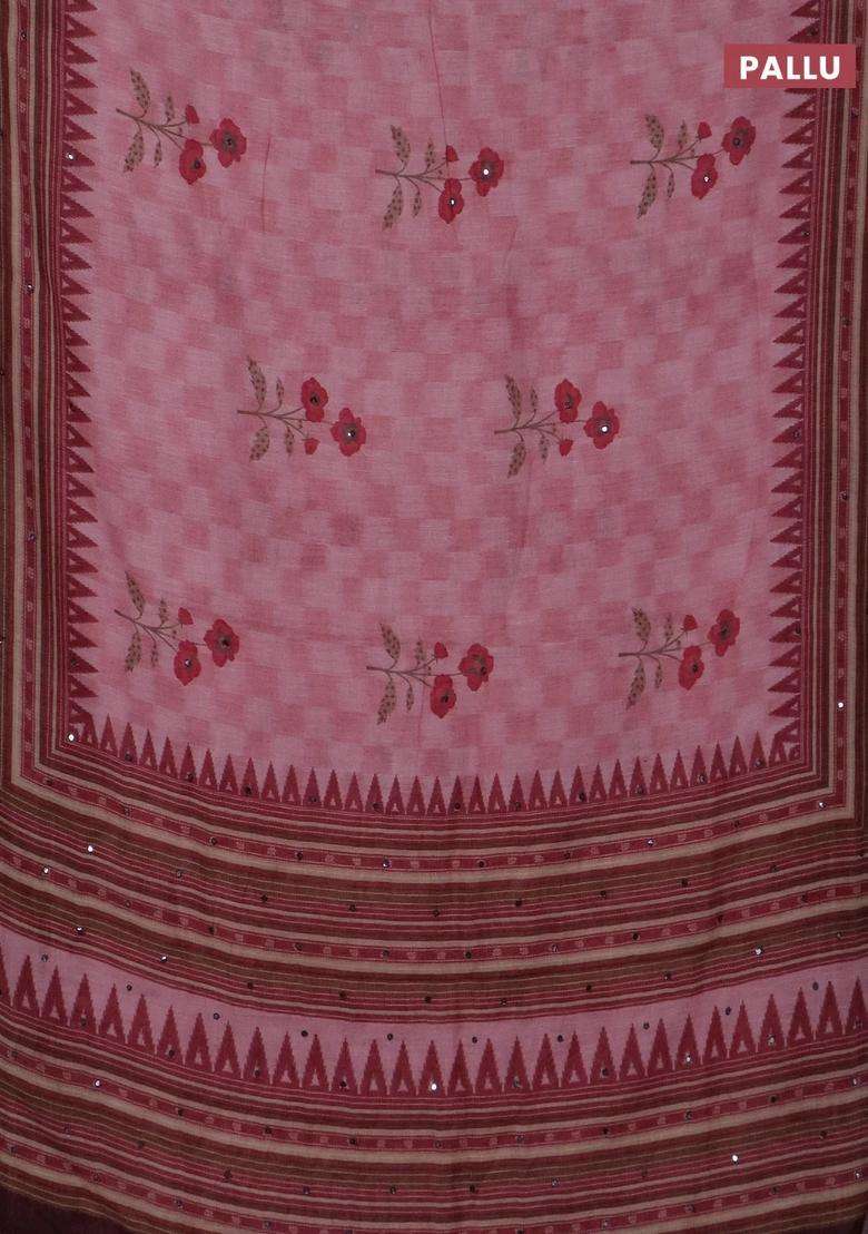 Kota Linen Saree Peach Pink And Deep Maroon With Allover Ikat Prints And Prints Mirror Work Border With Printed Design For Women - Indya