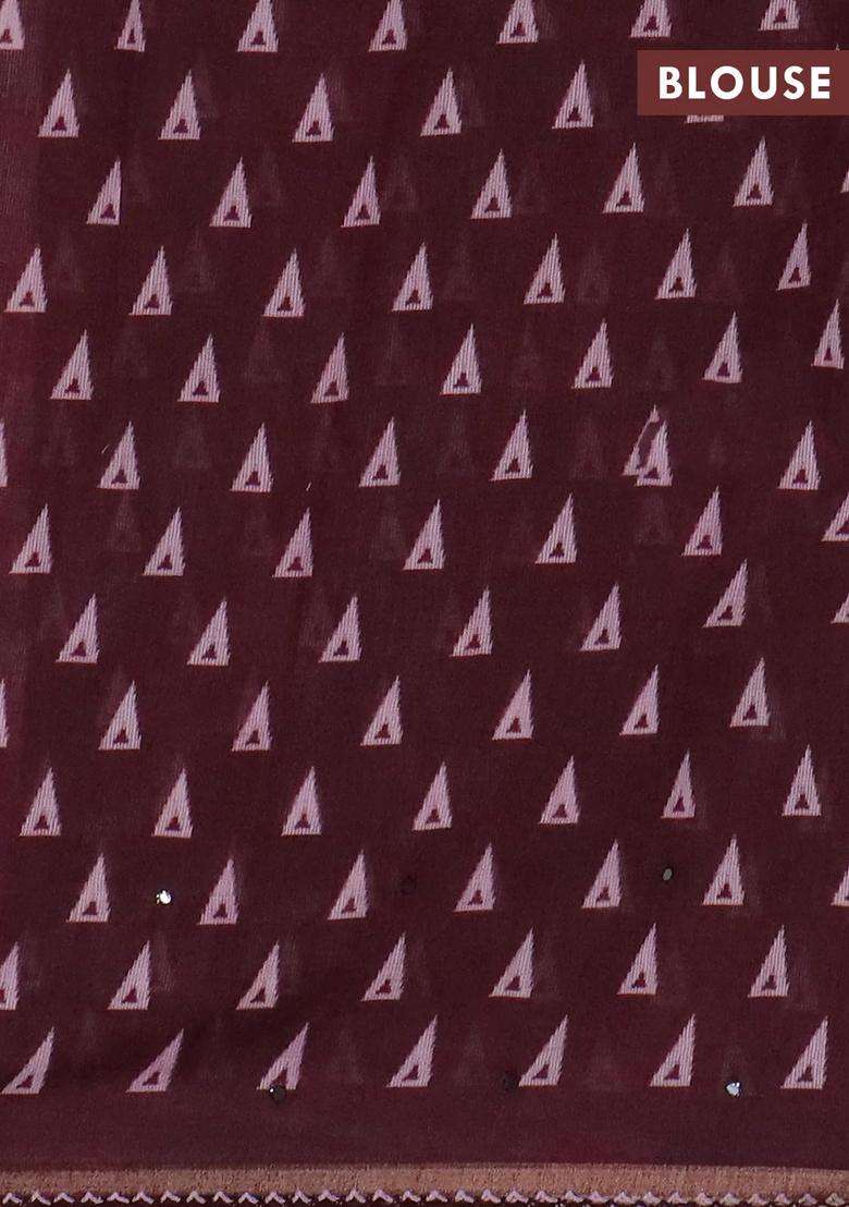 Kota Linen Saree Peach Pink And Deep Maroon With Allover Ikat Prints And Prints Mirror Work Border With Printed Design For Women - Indya