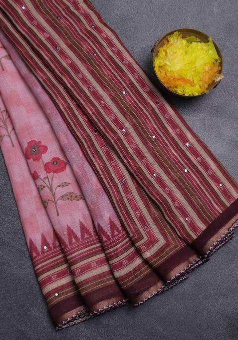 Kota Linen Saree Peach Pink And Deep Maroon With Allover Ikat Prints And Prints Mirror Work Border With Printed Design For Women