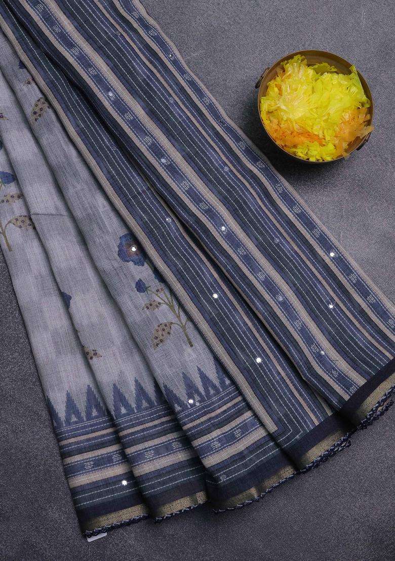 Kota Linen Saree Grey And Navy Blue With Allover Ikat Prints And Prints Mirror Work Border With Printed Design For Women - Indya