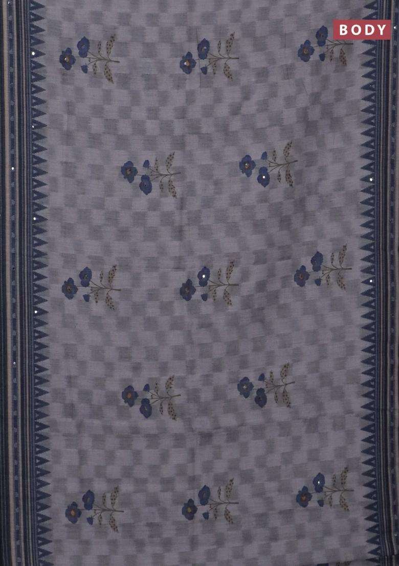 Kota Linen Saree Grey And Navy Blue With Allover Ikat Prints And Prints Mirror Work Border With Printed Design For Women - Indya