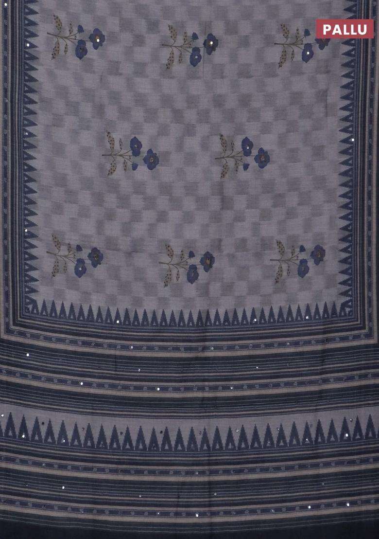 Kota Linen Saree Grey And Navy Blue With Allover Ikat Prints And Prints Mirror Work Border With Printed Design For Women - Indya
