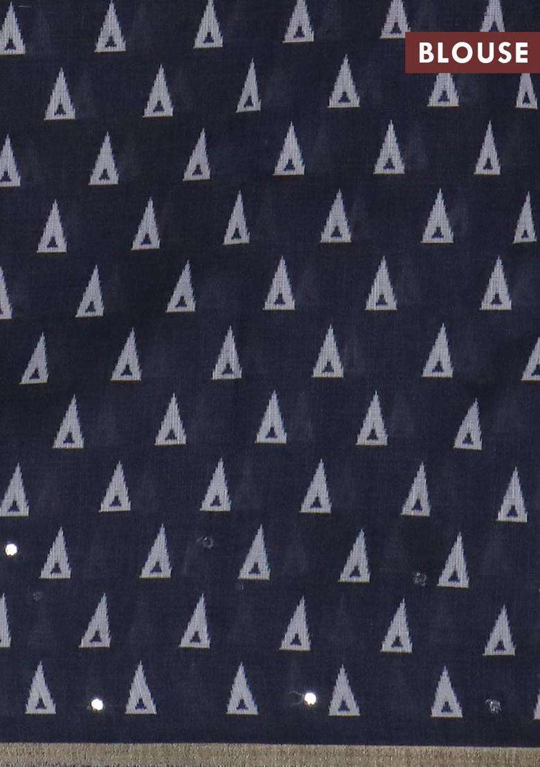Kota Linen Saree Grey And Navy Blue With Allover Ikat Prints And Prints Mirror Work Border With Printed Design For Women - Indya