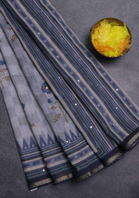 Kota Linen Saree Grey And Navy Blue With Allover Ikat Prints And Prints Mirror Work Border With Printed Design For Women