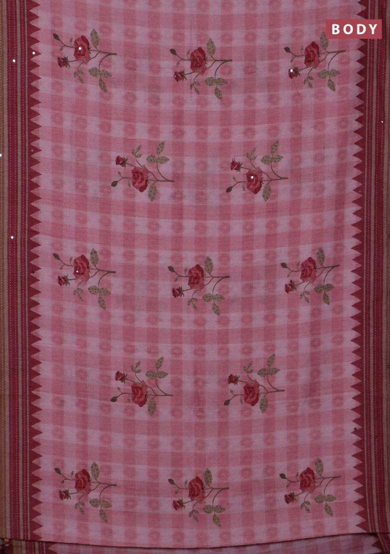 Kota Linen Saree Pink And Maroon With Allover Ikat Prints And Prints Mirror Work Border With Printed Design For Women - Indya