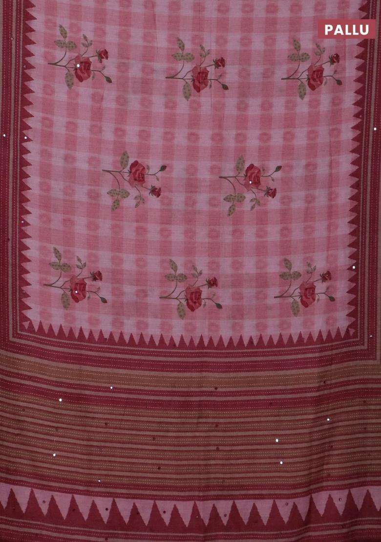 Kota Linen Saree Pink And Maroon With Allover Ikat Prints And Prints Mirror Work Border With Printed Design For Women - Indya