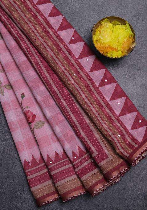 Kota Linen Saree Pink And Maroon With Allover Ikat Prints And Prints Mirror Work Border With Printed Design For Women