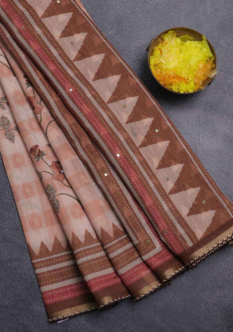 Kota Linen Saree Rust Shade And Brown With Allover Ikat Prints And Prints Mirror Work Border With Printed Design For Women - Indya