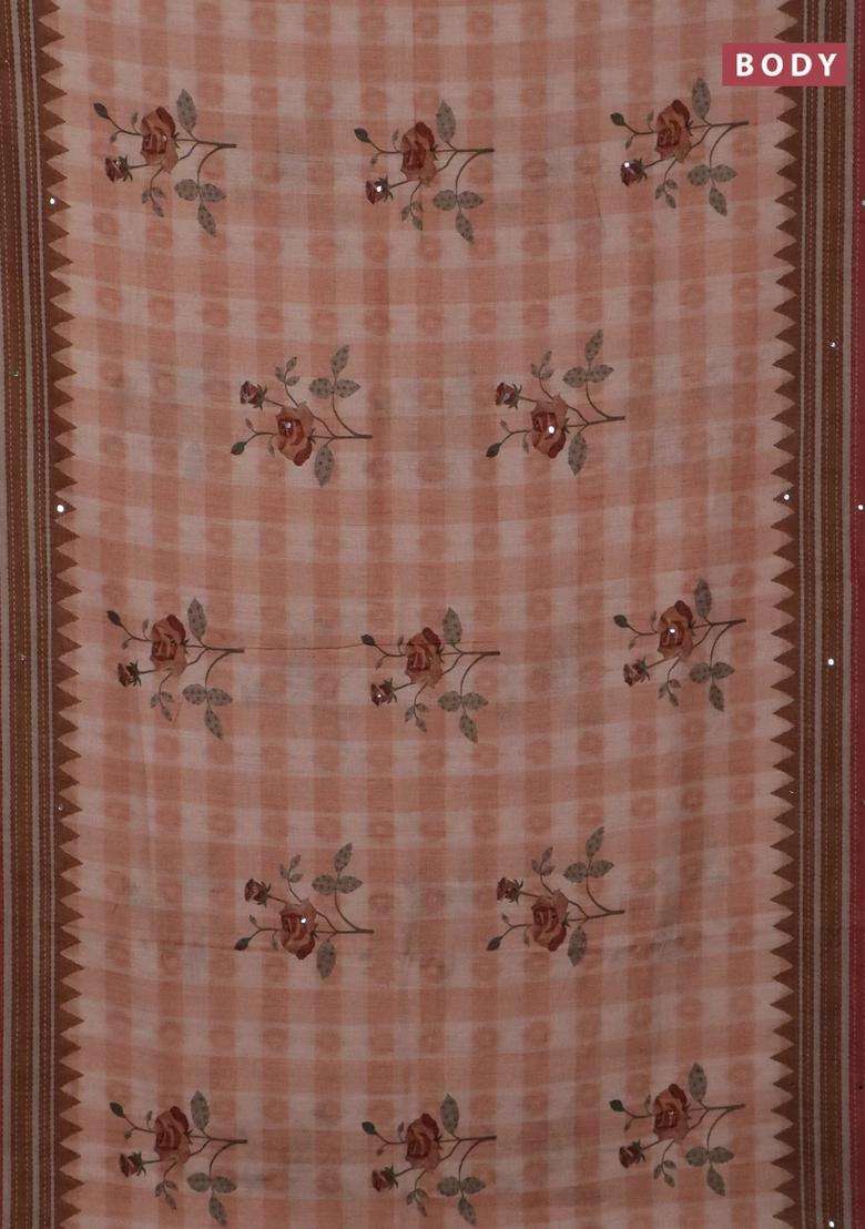 Kota Linen Saree Rust Shade And Brown With Allover Ikat Prints And Prints Mirror Work Border With Printed Design For Women - Indya