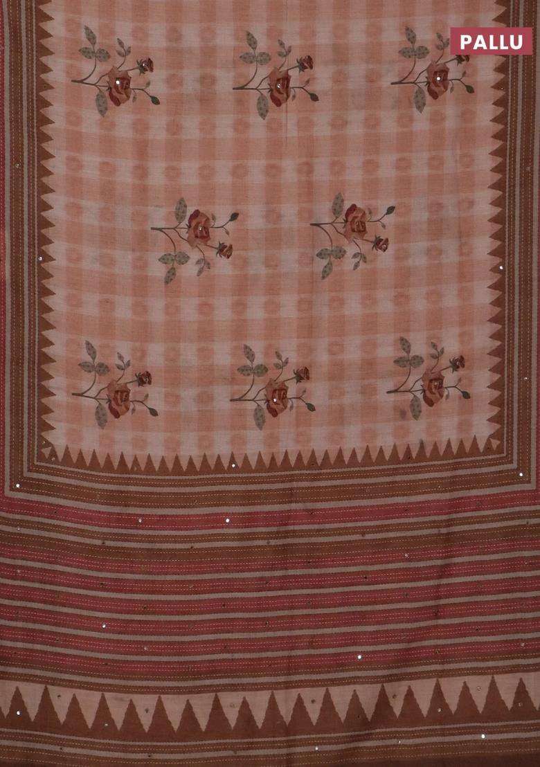 Kota Linen Saree Rust Shade And Brown With Allover Ikat Prints And Prints Mirror Work Border With Printed Design For Women - Indya