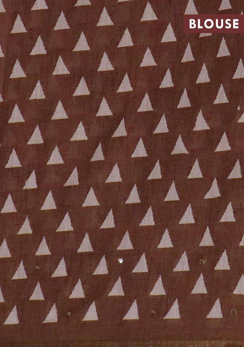 Kota Linen Saree Rust Shade And Brown With Allover Ikat Prints And Prints Mirror Work Border With Printed Design For Women - Indya