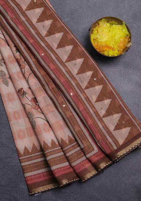 Kota Linen Saree Rust Shade And Brown With Allover Ikat Prints And Prints Mirror Work Border With Printed Design For Women