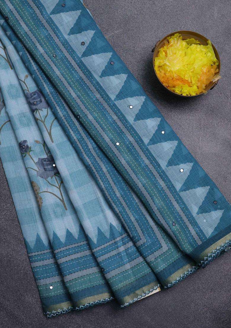 Kota Linen Saree Blue Shade And Peacock Green With Allover Ikat Prints And Prints Mirror Work Border With Printed Design For Women - Indya