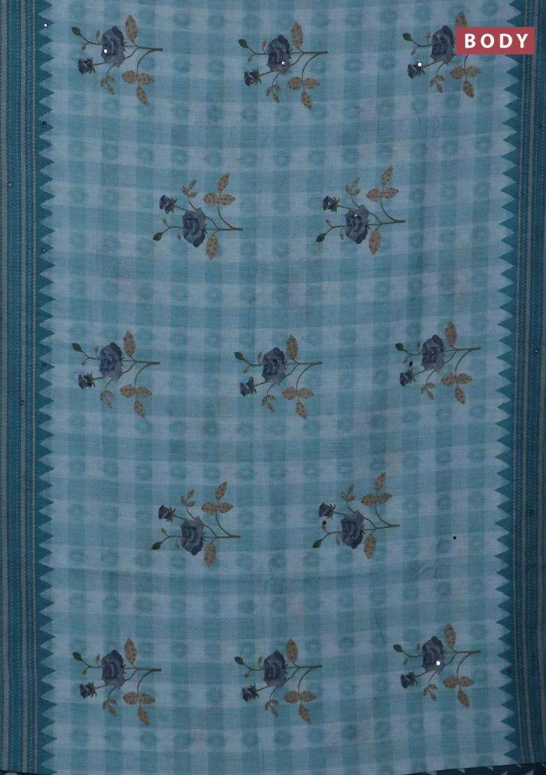 Kota Linen Saree Blue Shade And Peacock Green With Allover Ikat Prints And Prints Mirror Work Border With Printed Design For Women - Indya