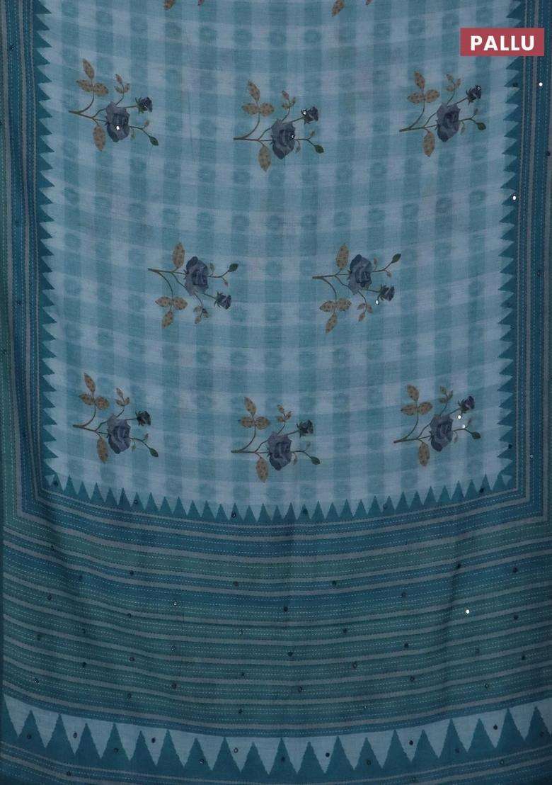 Kota Linen Saree Blue Shade And Peacock Green With Allover Ikat Prints And Prints Mirror Work Border With Printed Design For Women - Indya