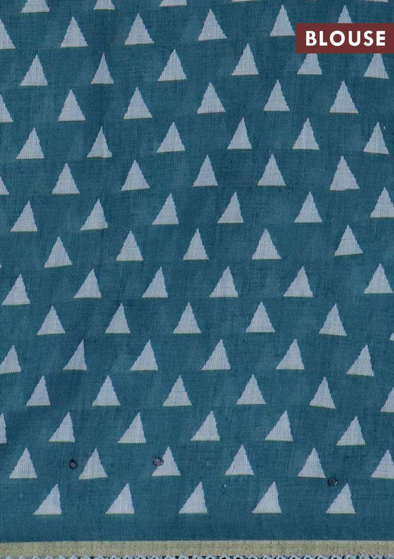 Kota Linen Saree Blue Shade And Peacock Green With Allover Ikat Prints And Prints Mirror Work Border With Printed Design For Women - Indya