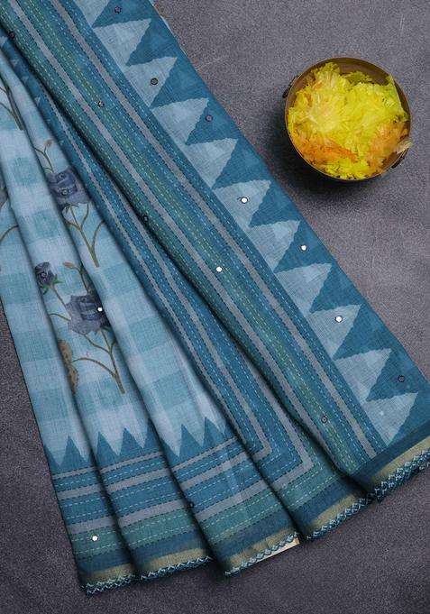 Kota Linen Saree Blue Shade And Peacock Green With Allover Ikat Prints And Prints Mirror Work Border With Printed Design For Women