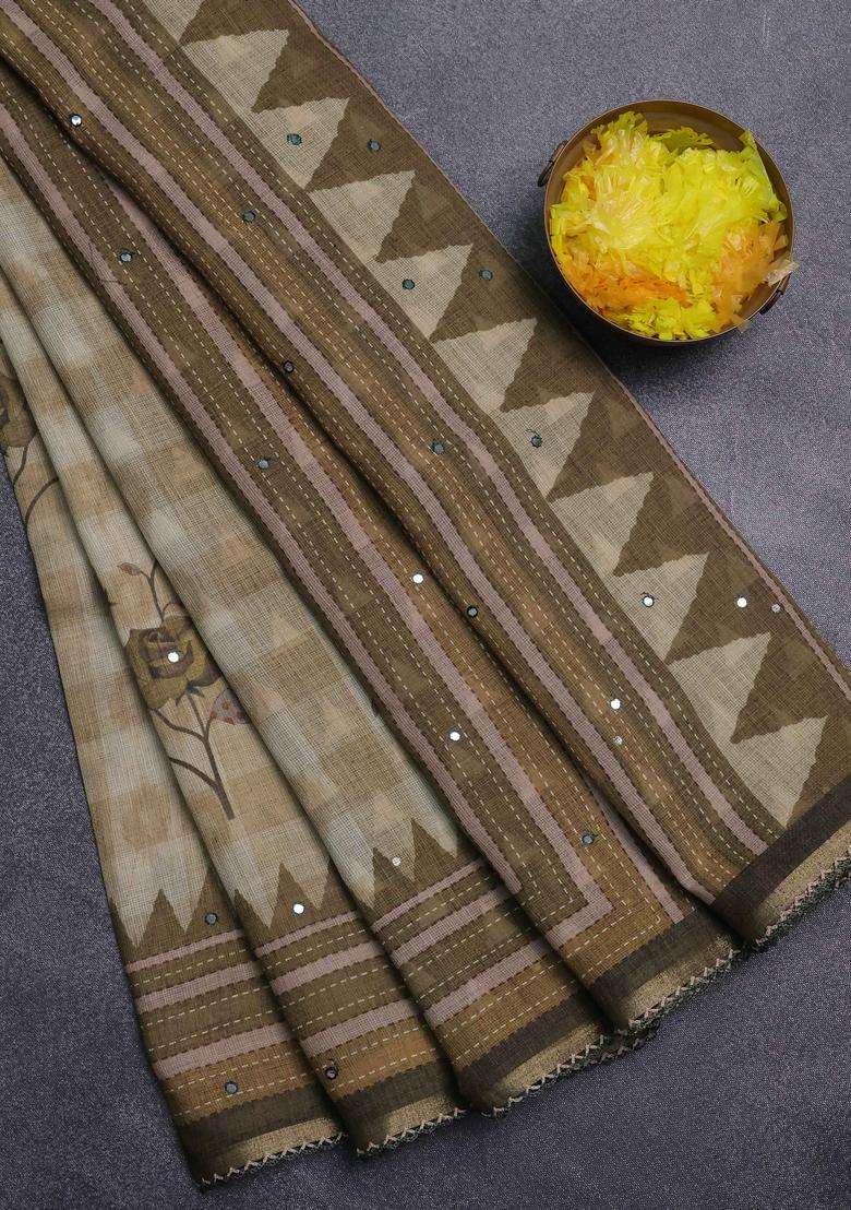 Kota Linen Saree Green Shade With Allover Ikat Prints And Prints Mirror Work Border With Printed Design For Women - Indya