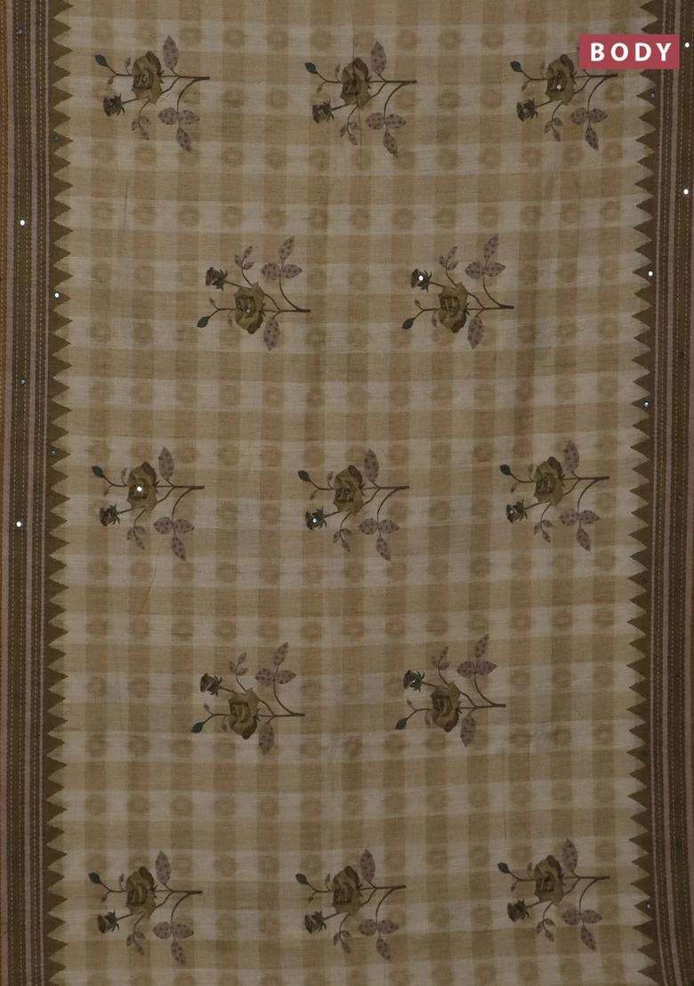 Kota Linen Saree Green Shade With Allover Ikat Prints And Prints Mirror Work Border With Printed Design For Women - Indya