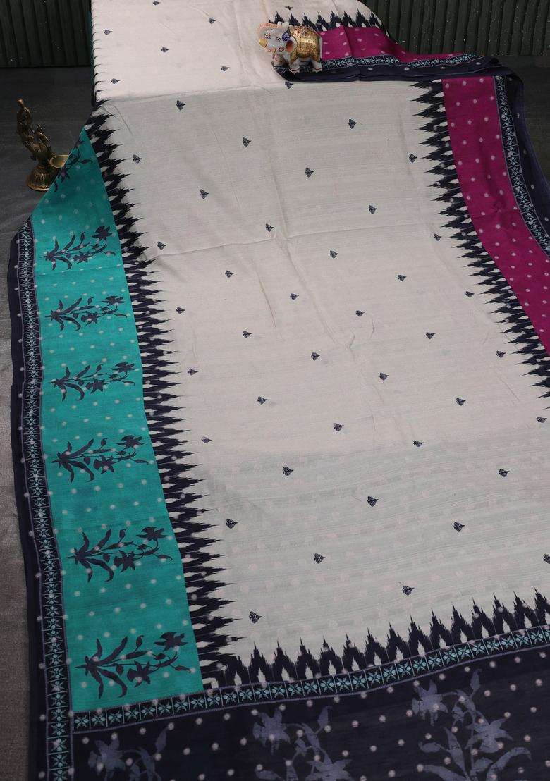 Matka Tussar Saree Beige And Teal Green With Allover Thread Buttas Butta Prints And Long Temple Design Printed Border For Women - Indya