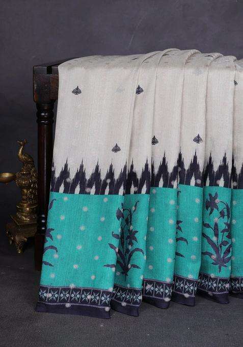 Matka Tussar Saree Beige And Teal Green With Allover Thread Buttas Butta Prints And Long Temple Design Printed Border For Women