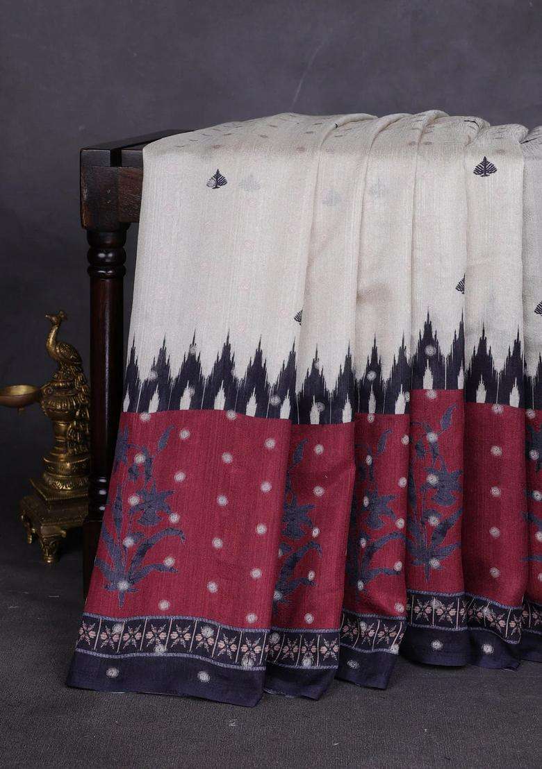 Matka Tussar Saree Beige And Maroon With Allover Thread Buttas Butta Prints And Long Temple Design Printed Border For Women - Indya
