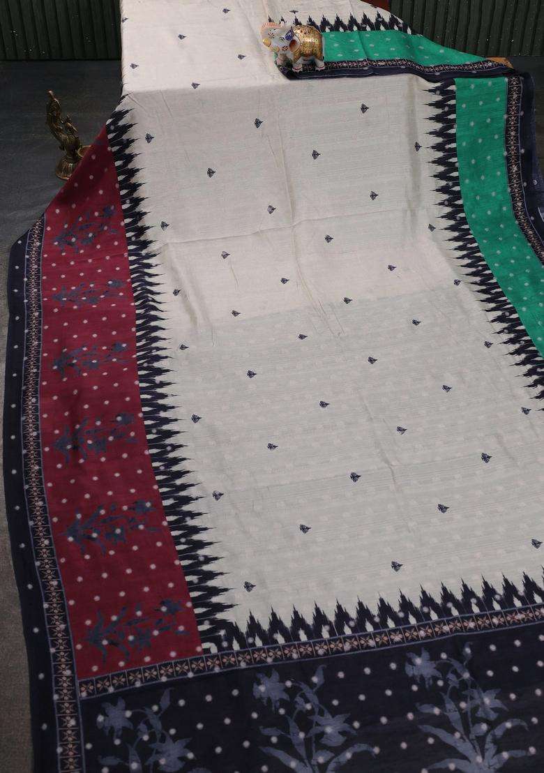Matka Tussar Saree Beige And Maroon With Allover Thread Buttas Butta Prints And Long Temple Design Printed Border For Women - Indya