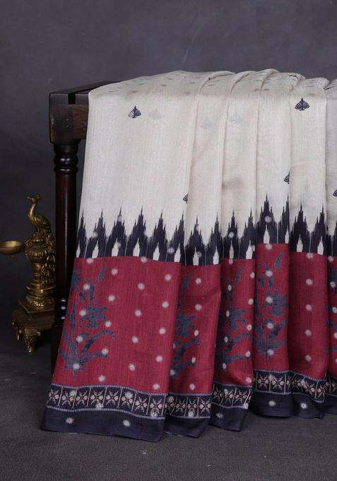 Matka Tussar Saree Beige And Maroon With Allover Thread Buttas Butta Prints And Long Temple Design Printed Border For Women