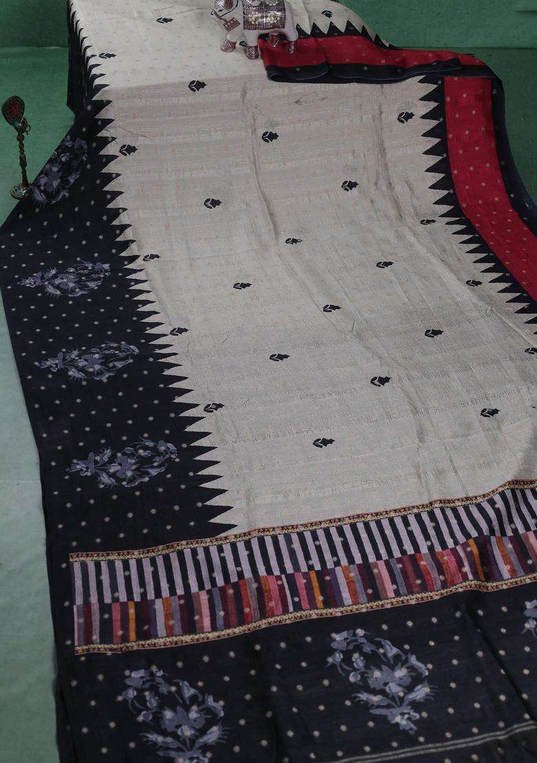 Matka Tussar Saree Beige And Black Dark Pink With Allover Thread Buttas Butta Prints And Long Temple Design Printed Border For Women - Indya