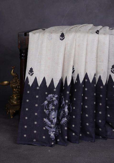 Matka Tussar Saree Beige And Black Dark Pink With Allover Thread Buttas Butta Prints And Long Temple Design Printed Border For Women