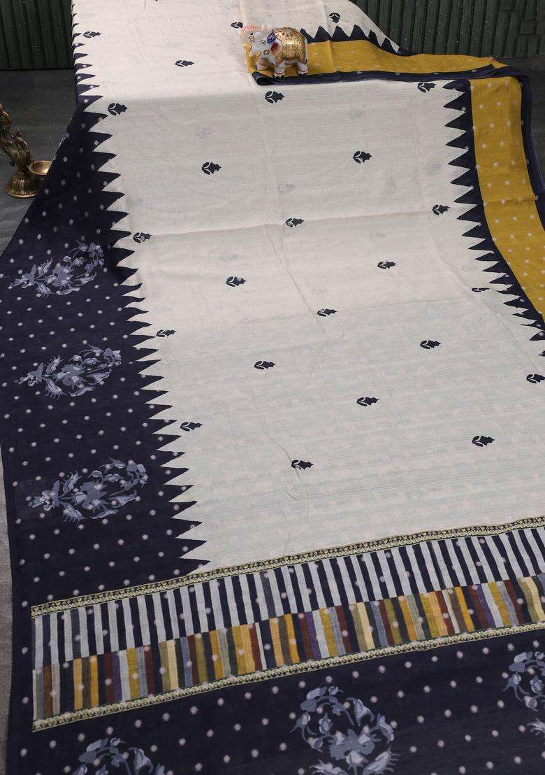Matka Tussar Saree Beige And Mustard Yellow With Allover Thread Buttas Butta Prints And Long Temple Design Printed Border For Women - Indya