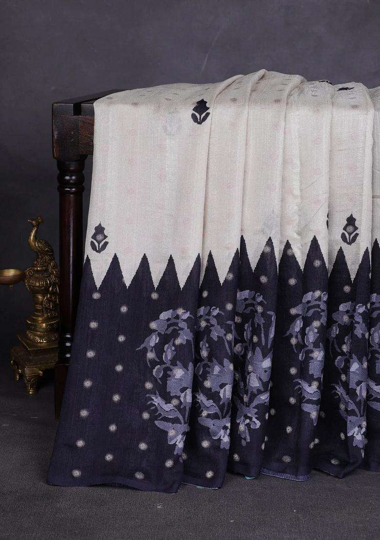 Matka Tussar Saree Beige And Black Blue With Allover Thread Buttas Butta Prints And Long Temple Design Printed Border For Women - Indya