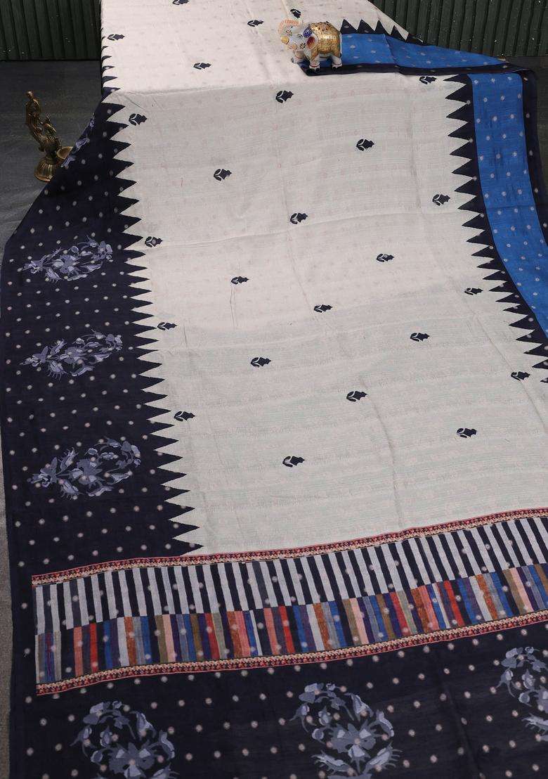 Matka Tussar Saree Beige And Black Blue With Allover Thread Buttas Butta Prints And Long Temple Design Printed Border For Women - Indya