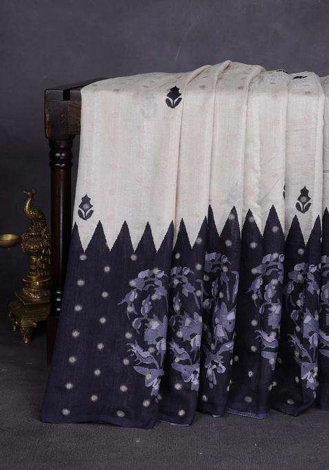 Matka Tussar Saree Beige And Black Blue With Allover Thread Buttas Butta Prints And Long Temple Design Printed Border For Women