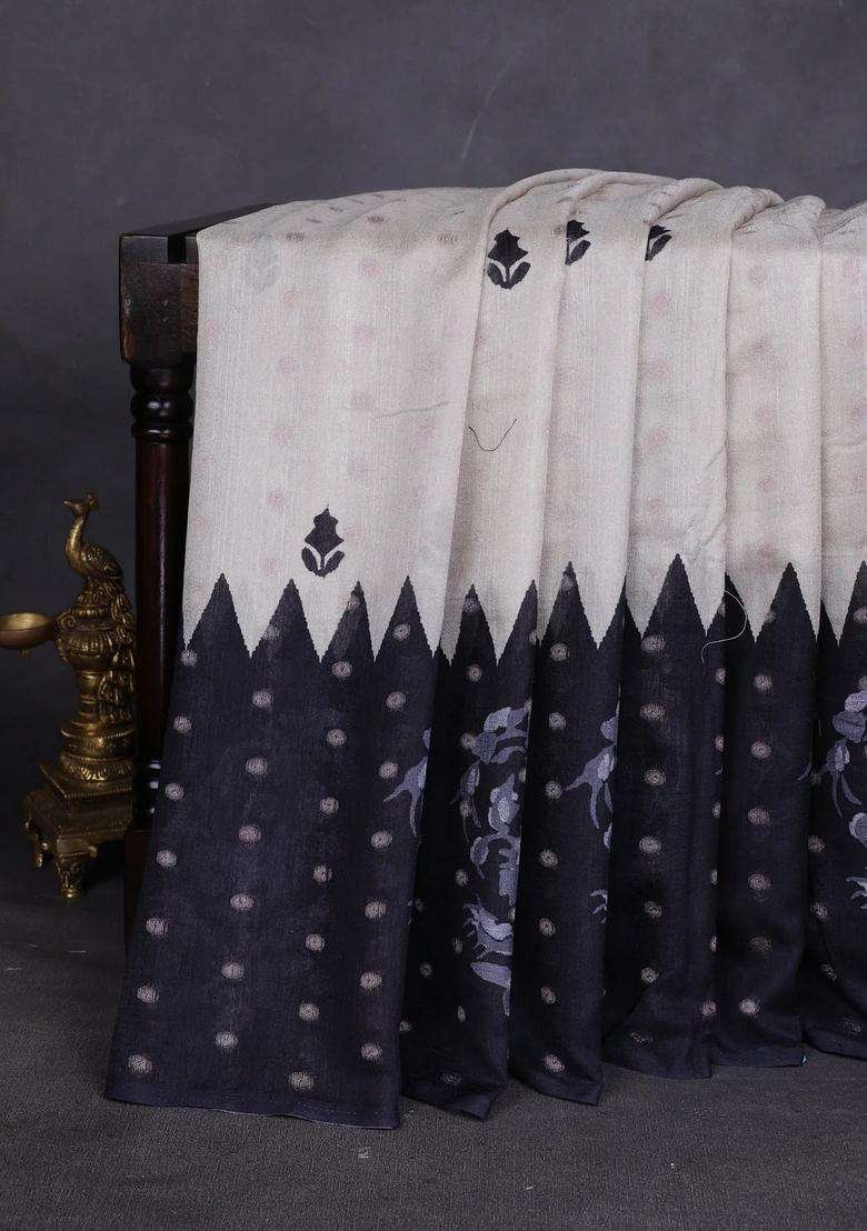 Matka Tussar Saree Beige And Black Maroon With Allover Thread Buttas Butta Prints And Long Temple Design Printed Border For Women - Indya