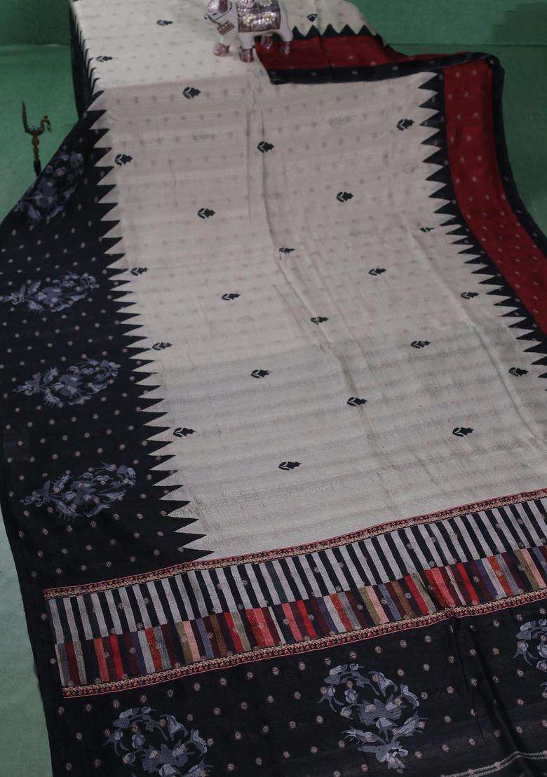 Matka Tussar Saree Beige And Black Maroon With Allover Thread Buttas Butta Prints And Long Temple Design Printed Border For Women - Indya