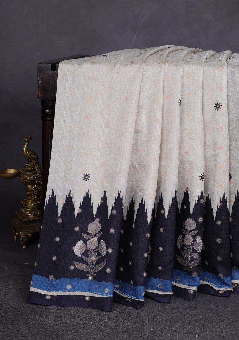 Matka Tussar Saree Beige And Black Blue With Allover Thread Buttas Butta Prints And Long Temple Design Printed Border For Women - Indya