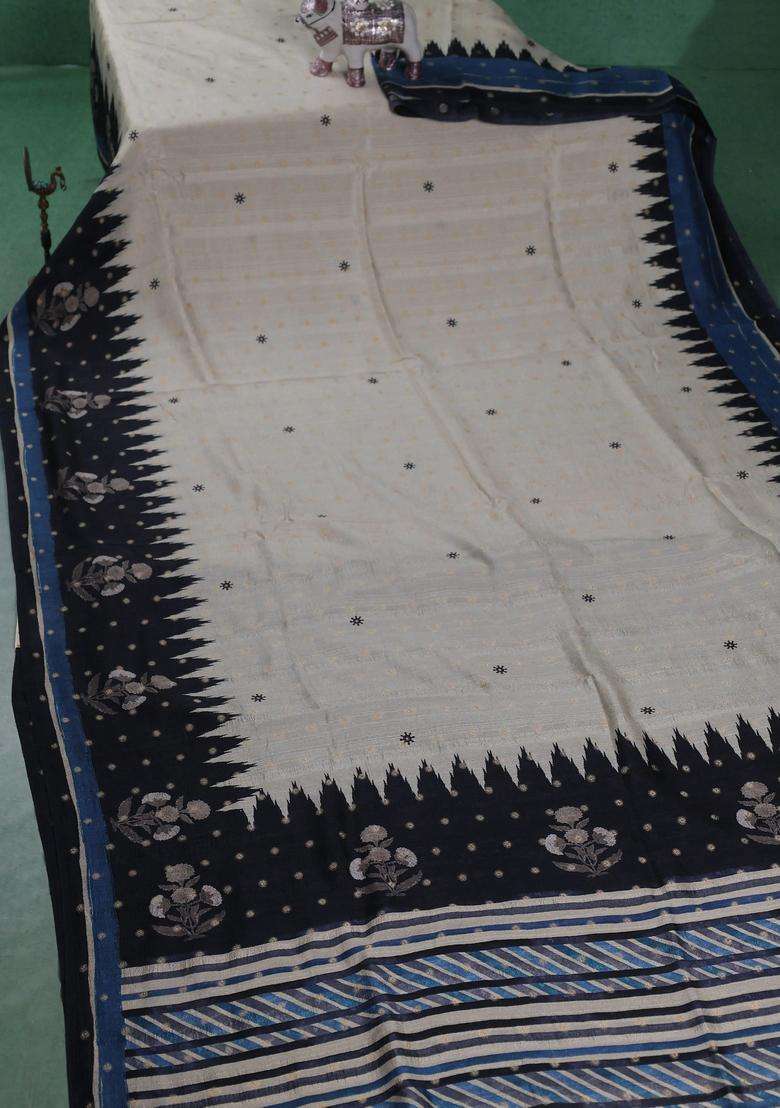 Matka Tussar Saree Beige And Black Blue With Allover Thread Buttas Butta Prints And Long Temple Design Printed Border For Women - Indya
